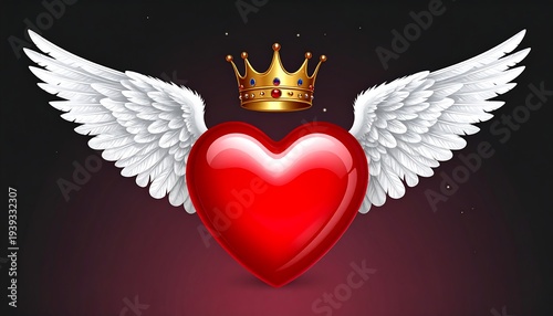 Winged red heart with golden crown. Elegant design for love, royalty, and romantic themes