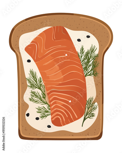 Bread slice with fish topping and herb garnish for delicious seafood snack and traditional appetizer for any catering event - Vector Illustration
