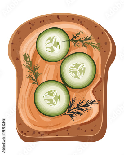 Bread slice with green spread and cucumber slices for healthy savory breakfast and refreshing snack option for any meal - Vector Illustration