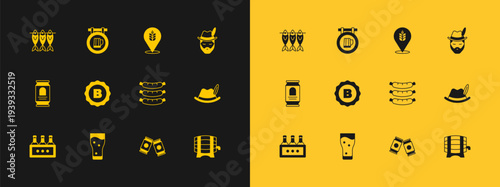 Set Oktoberfest man, Glass of beer, Sausage, Beer can, Bottle cap, Wheat, Dried fish and Street signboard with icon. Vector