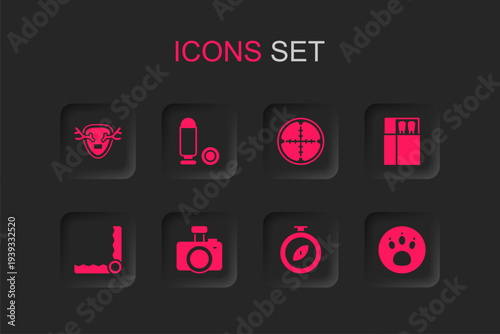 Set Photo camera, Bullet, Deer antlers on shield, Compass, Open matchbox and matches, Paw search, Sniper optical sight and Trap hunting icon. Vector
