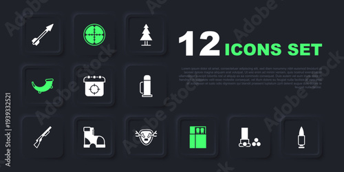 Set Cartridges, Bullet, Target sport, Open matchbox and matches, Hunting horn, Hunter boots, Sniper optical sight and Deer antlers on shield icon. Vector