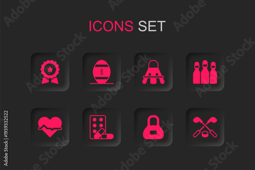 Set Sports doping with dumbbell, American Football ball, Medal star, Weight, Bowling, Ice hockey sticks and puck, Badminton shuttlecock and Heart rate icon. Vector