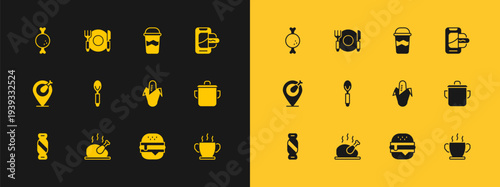 Set Food ordering on mobile, Roasted turkey chicken, Corn, Burger, Spoon, Coffee cup to go, Chicken leg and Plate, fork and knife icon. Vector
