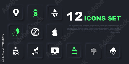 Set Shower, Iceberg, Water drop forbidden, Big bottle with clean water, percentage, Washing hands soap, Fire hydrant and location icon. Vector