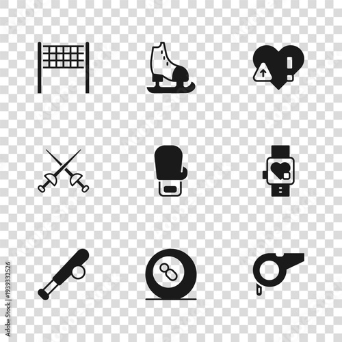 Set Billiard pool snooker ball, Smart watch with heart, Whistle, Boxing glove, Heart rate, Volleyball net, Skates and Fencing icon. Vector