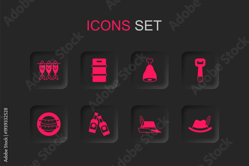 Set Beer bottle, Metal beer keg, Dried fish, Oktoberfest hat, Bottle opener, Chicken leg and Sausage icon. Vector