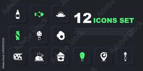 Set Chicken leg, Spoon, Fly agaric mushroom, Candy, Roasted turkey or chicken, Fish and Popcorn in cardboard box icon. Vector