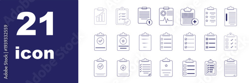 Medical report clipboard icon set in outline and silhouette style, representing healthcare documentation, diagnosis, and medical records, vector illustration
