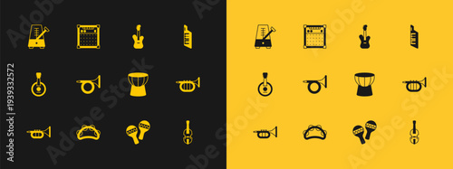 Set Keytar, Tambourine, African darbuka drum, Maracas, Trumpet, Electric bass guitar, Metronome with pendulum and Guitar amplifier icon. Vector