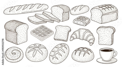 Bread and Bakery Line Icons Set – Bakery Food Outline Vector Collection