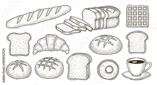 Bread and Bakery Line Icons Set – Bakery Food Outline Vector Collection