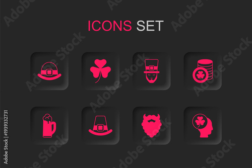 Set Leprechaun hat, Clover trefoil leaf, Mustache and beard, Golden leprechaun coin, Head with clover, and Glass of beer icon. Vector