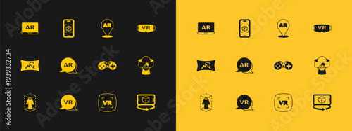 Set Virtual reality glasses, Gamepad, Augmented AR, and 3d modeling icon. Vector