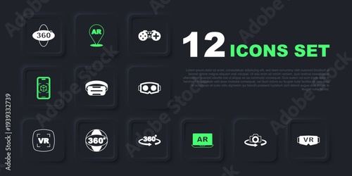 Set 360 degree view, Virtual reality glasses, Augmented AR, 3d modeling, and icon. Vector