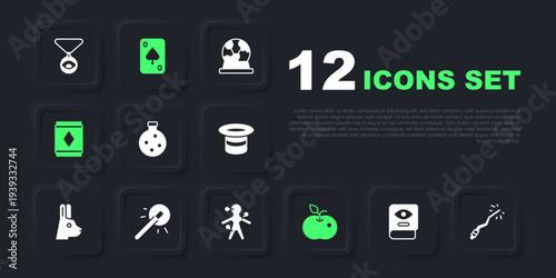 Set Ancient magic book, Magic wand, Bottle with potion, Poison apple, carpet, Playing cards and Voodoo doll icon. Vector