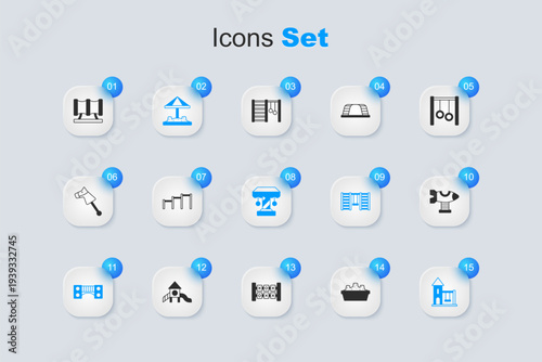 Set Sandbox with sand, Sport horizontal bar, Playground kids bridge, Swing for, plane, Kid playground slide pipe and Attraction carousel icon. Vector