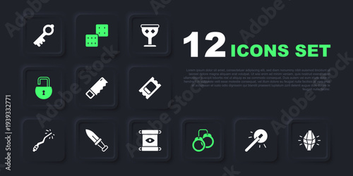 Set Magic wand, stone, Hand saw, Handcuffs, Open padlock, Dagger, Game dice and scroll icon. Vector