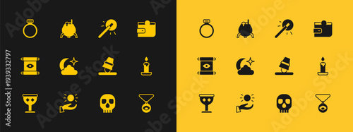 Set Wallet, Ball levitating above hand, Game thimbles, Skull, Moon stars, Magic wand, stone ring and Witch cauldron icon. Vector