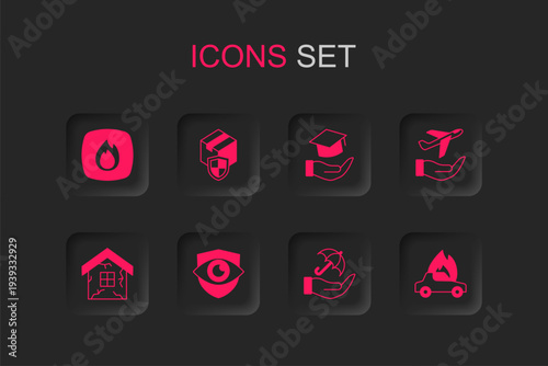 Set Shield and eye, Delivery security with shield, Fire flame, Umbrella in hand, Plane, Burning car, Education grant and House icon. Vector