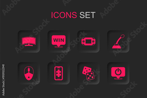 Set Mobile gaming, Medal, Computer monitor, Game dice, Microphone, Power button, Portable video game console and mouse icon. Vector