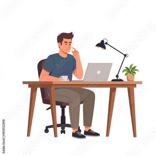 Man Working on Laptop at Desk Illustration – Home Office Productivity Concept