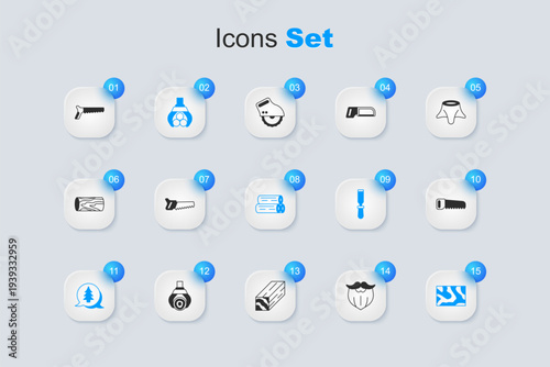 Set Mustache and beard, Hand saw, Grapple crane grabbed log, Tree, Wooden beam, and icon. Vector
