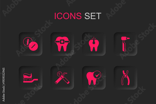 Set Dental mirror and probe, Teeth with braces, Toothache painkiller tablet, drill, pliers, Broken tooth and Toothbrush toothpaste icon. Vector