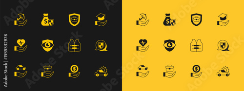 Set Education grant, Hand holding briefcase, Life jacket, Money with shield, Shield eye, Briefcase, Umbrella hand and bag icon. Vector