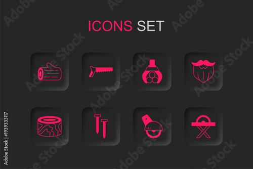 Set Metallic nails, Hand saw, Wooden log, Electric circular, Mustache beard, Grapple crane grabbed and logs icon. Vector