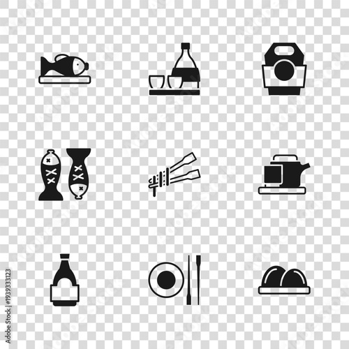 Set Food chopsticks with plate, Traditional tea ceremony, Sushi, noodles, Asian in paper box, Served fish, Bottle of sake and icon. Vector