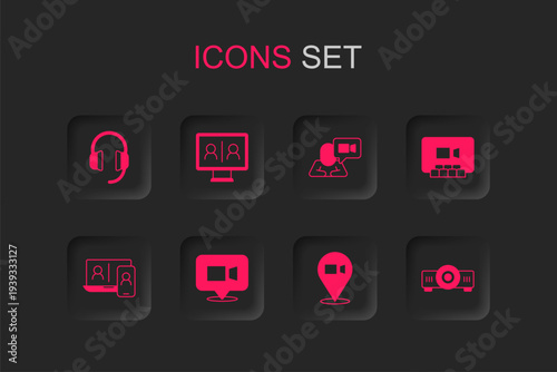 Set Video chat conference, Headphones, Movie, film, media projector, and icon. Vector