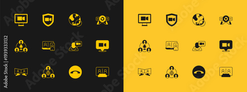 Set Web camera, Meeting, Video chat conference, Telephone handset, and icon. Vector