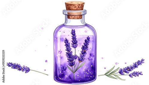 Watercolor bottle with lavender sprigs inside. Lavender sprigs lie on either side of the bottle
