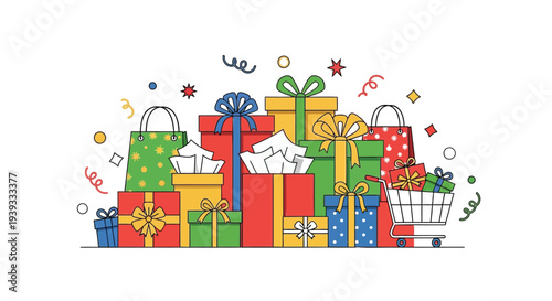 Set of colorful gift boxes and shopping cart vector