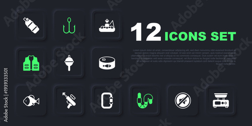 Set Speaker mute, Electronic scales, Fishing float, Worm, jacket, harpoon, hook and Carabiner icon. Vector