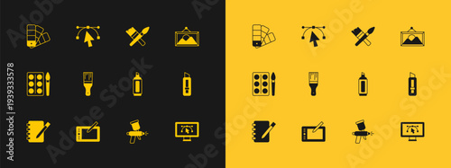 Set Picture landscape, Graphic tablet, Marker pen, Paint spray gun, brush, Color palette guide and Bezier curve icon. Vector