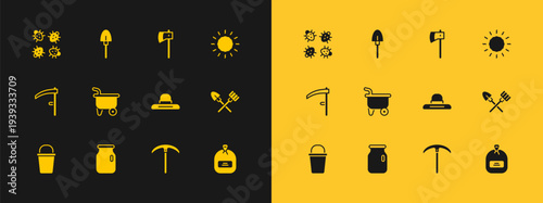 Set Sun, Glass jar with screw-cap, Farmer worker hat, Pickaxe, Wheelbarrow, Wooden, Colorado beetle and Shovel icon. Vector