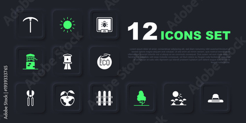 Set Plant sprouts grow in the sun, Farmer worker hat, Water tower, Fruit tree, Well, Apple, Sun and Garden fence wooden icon. Vector