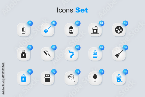 Set Wine glass, Brush for cleaning, Dustpan, Trash can, Bucket with foam and bubbles, Handle broom, Bottle detergent and Industry metallic pipe icon. Vector