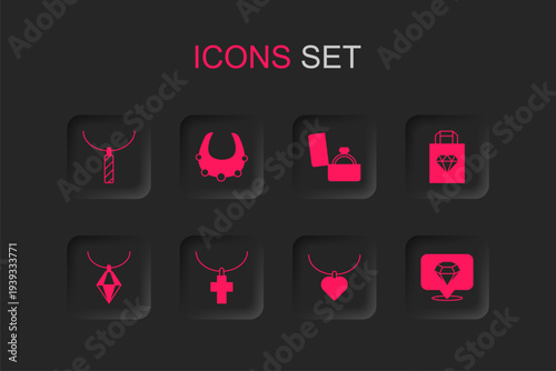 Set Christian cross on chain, Necklace, Pendant necklace, with heart shaped, Shopping bag jewelry, Diamond, engagement ring box and icon. Vector