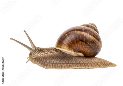 Brown snail with shell moving slowly isolated on transparent background