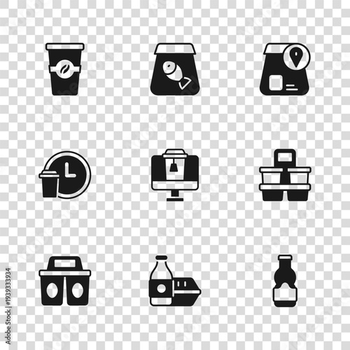 Set Online ordering food, Coffee cup to go, Sauce bottle, fish and Round the clock delivery icon. Vector