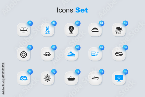 Set Speedboat, Nautical rope knots, Lighthouse, Anchor, Captain hat and icon. Vector