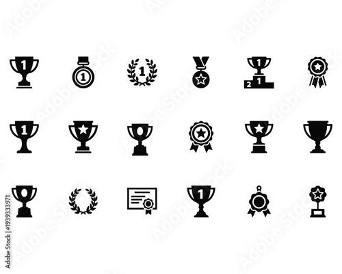 Trophy, medal and award icon set collection isolated on white background representing achievement, victory, championship prizes, competition rewards and success symbols for sports