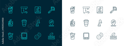Set line Coffee filter holder, Electronic coffee scales, Tea bag, Cookie or biscuit, cup to go, book, Iced and machine icon. Vector