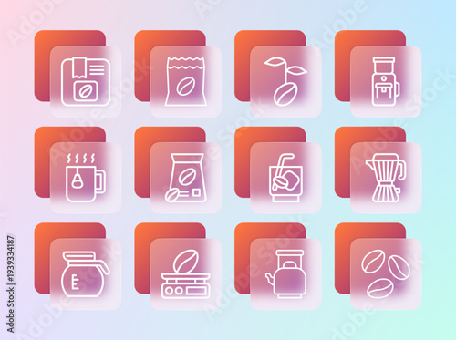 Set line Electric coffee grinder, Electronic scales, Espresso tonic, Kettle with handle, Bag beans, Coffee, and icon. Vector