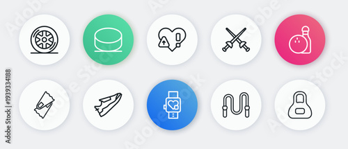 Set line Smart watch with heart, Bowling pin and ball, Flippers for swimming, Jump rope, Fencing, Heart rate, Weight and Fitness sneakers shoes icon. Vector