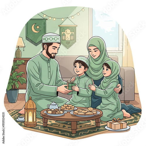 Muslim family celebrating Eid at home with joy in traditional attire  