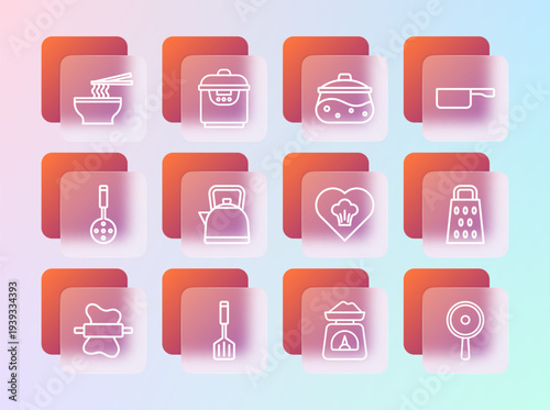 Set line Frying pan, Spatula, Chef hat, Scales, Kettle with handle, Cooking pot, Asian noodles bowl and Slow cooker icon. Vector